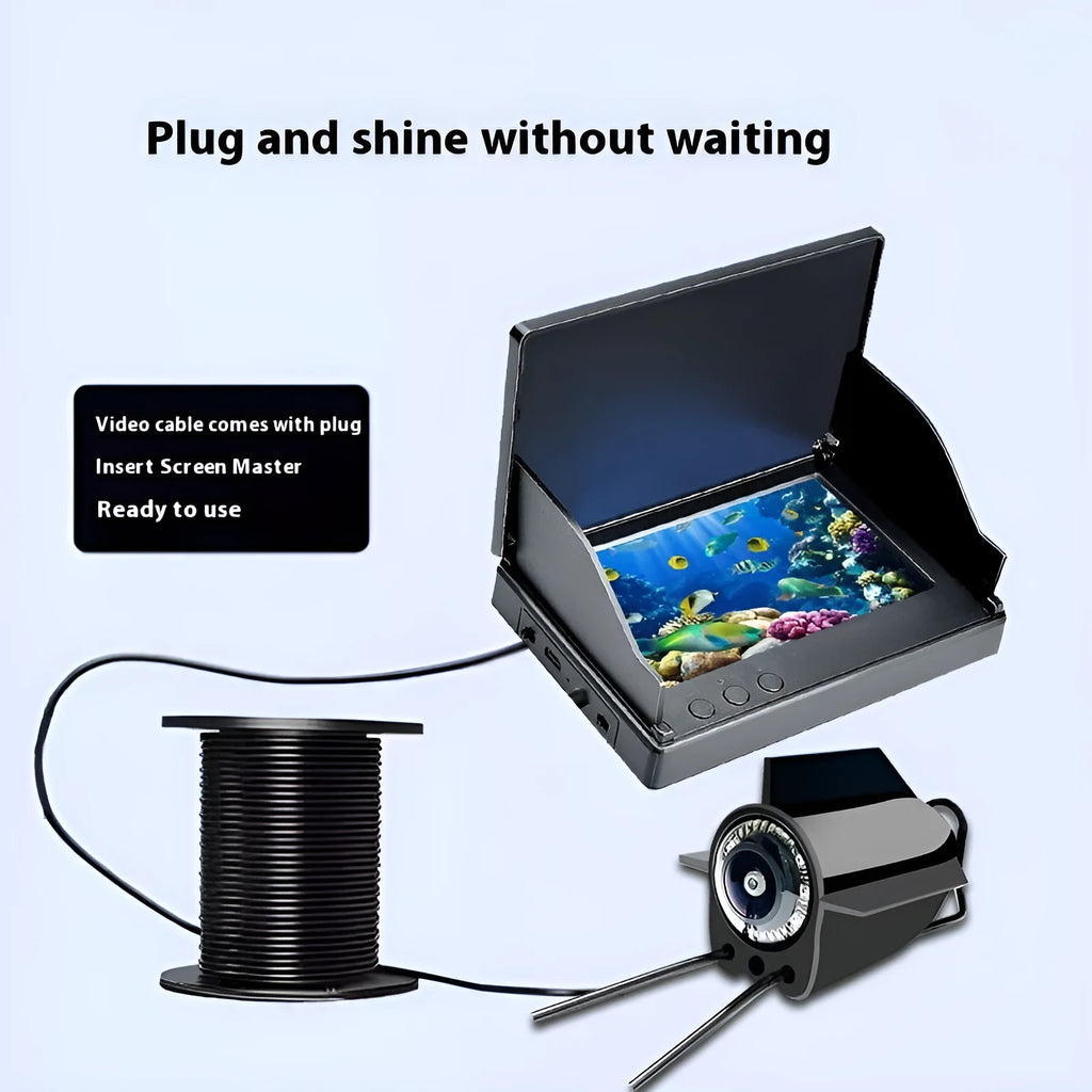 Underwater fish finder camera with 4.3-inch IPS screen, wide-angle lens, and night vision lights on a fishing boat.