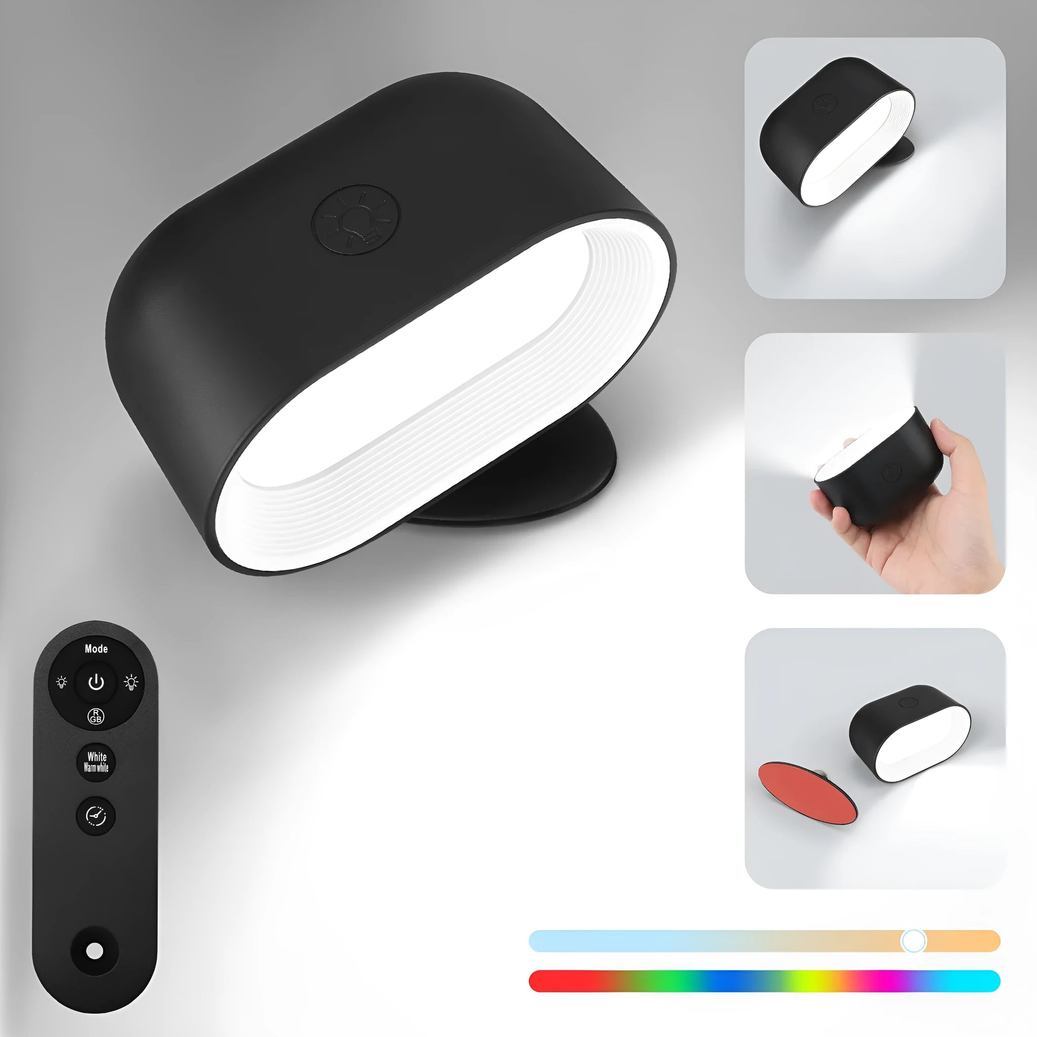 White remote touch magnetic wall lamp with oval light on adhesive mount, showing remote control.