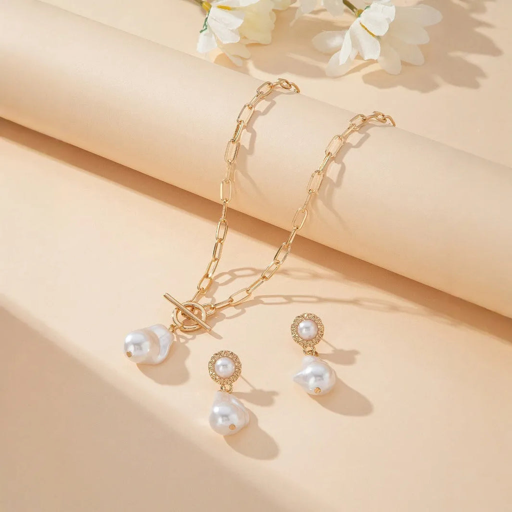 Retro baroque pearl necklace and ear stud set in gold-tone iron jewellery for women
