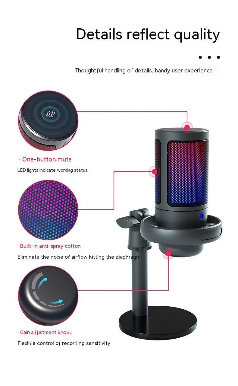 RGB condenser USB microphone with 150cm cable in black, white, and pink colour options