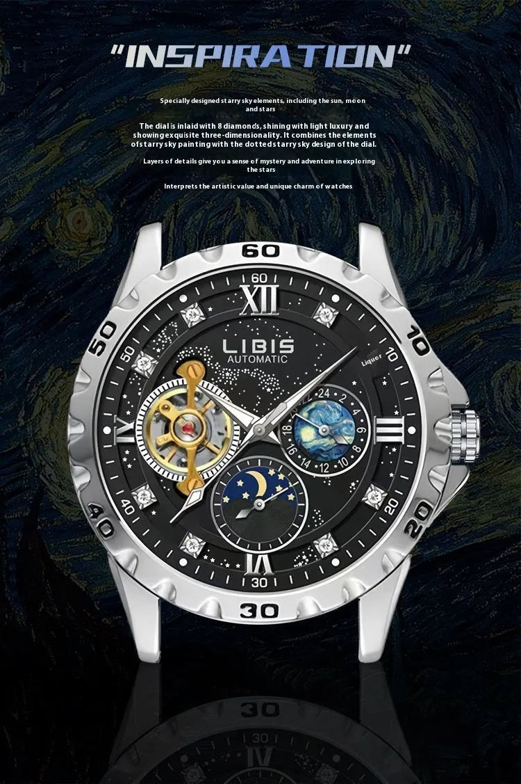 Men's silver case automatic mechanical watch with luminous hands, waterproof starry dial, and genuine leather strap
