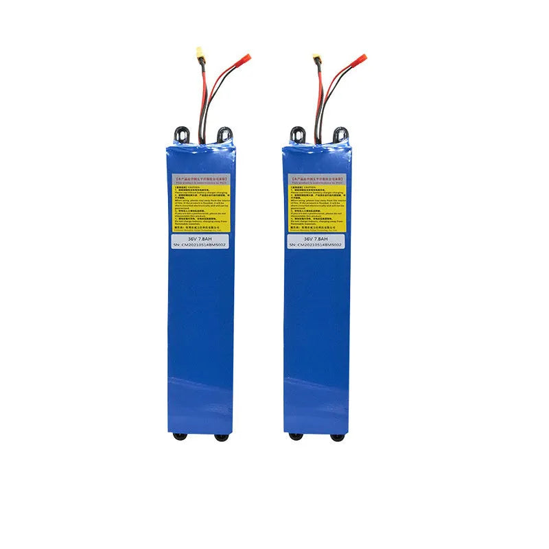 36V lithium battery pack for electric scooters showing capacity options 6.6A, 7.8A, and 10.4A