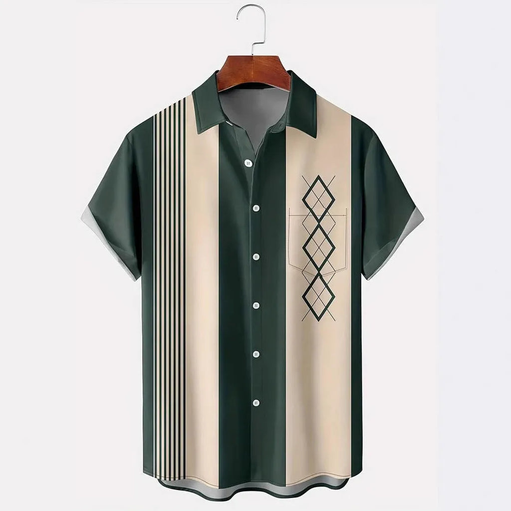 Men's plaid short-sleeved summer shirt in polyester with elastic band fabric