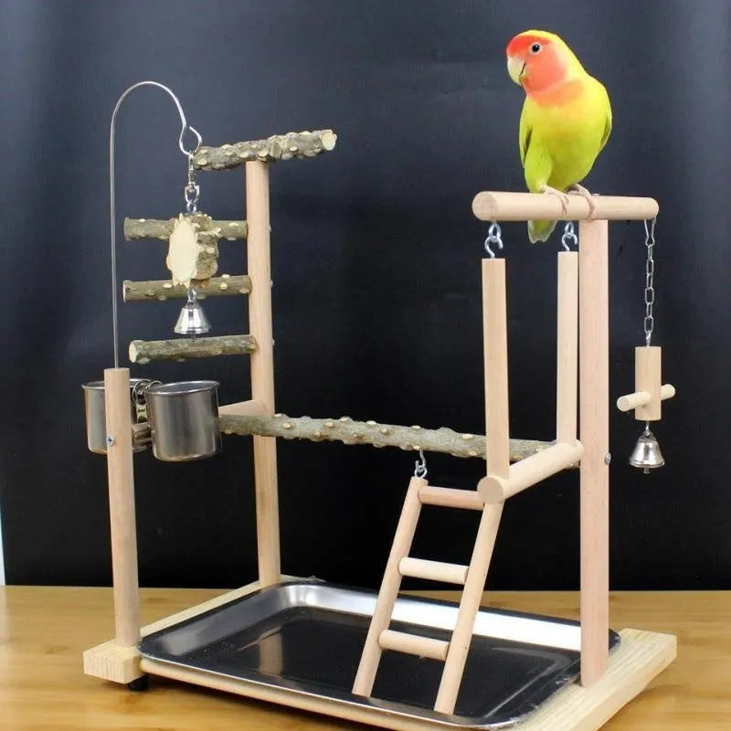 Pepper wood parrot toys bird stand with tiger skin peony design and sub-stand pole.