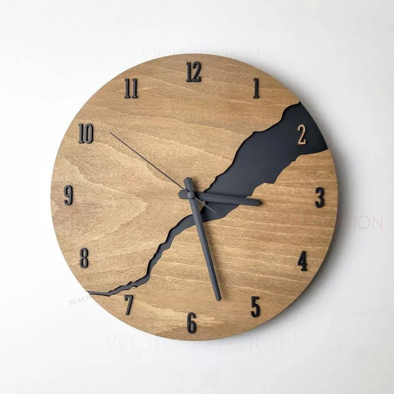 Modern wooden wall clock with crack-effect design on circular 30cm face