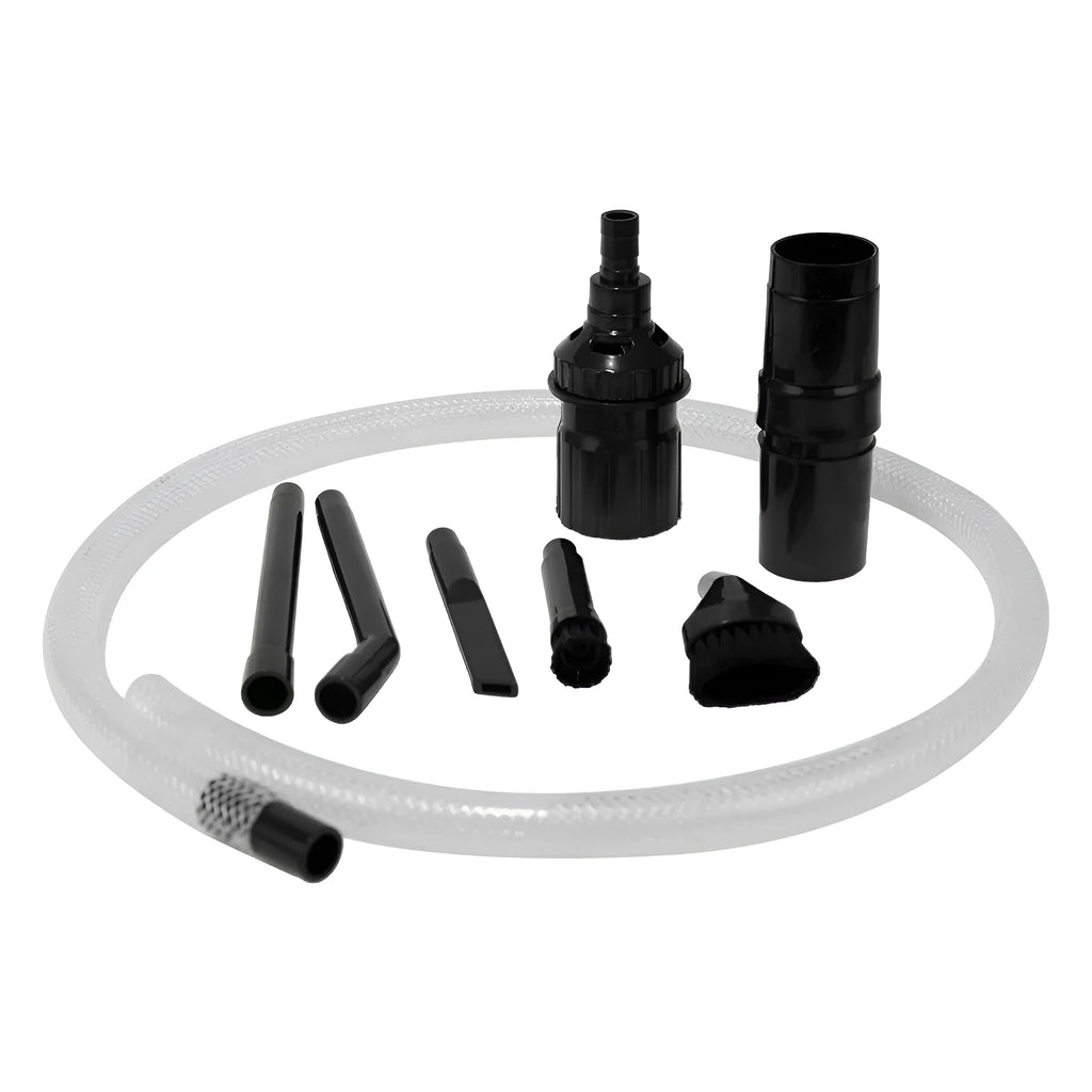 Eight different vacuum cleaner suction head attachments laid out showing various designs for specialised cleaning