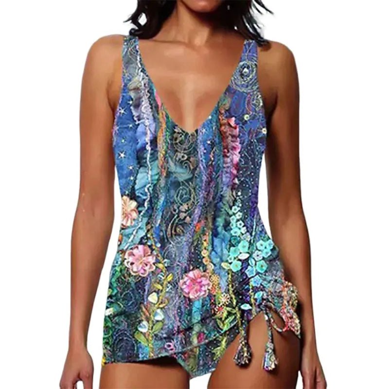 Women's printed triangle bikini split swimsuit in Color 5 with briefs-style shorts