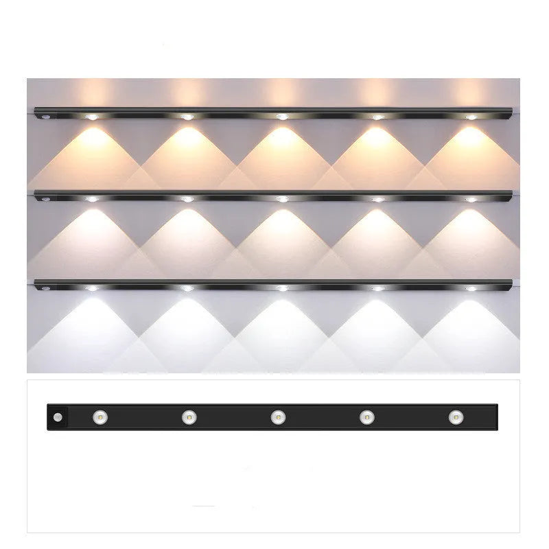 Rechargeable hill corrugated LED light strip in black or silver with magnetic mount on a wall.