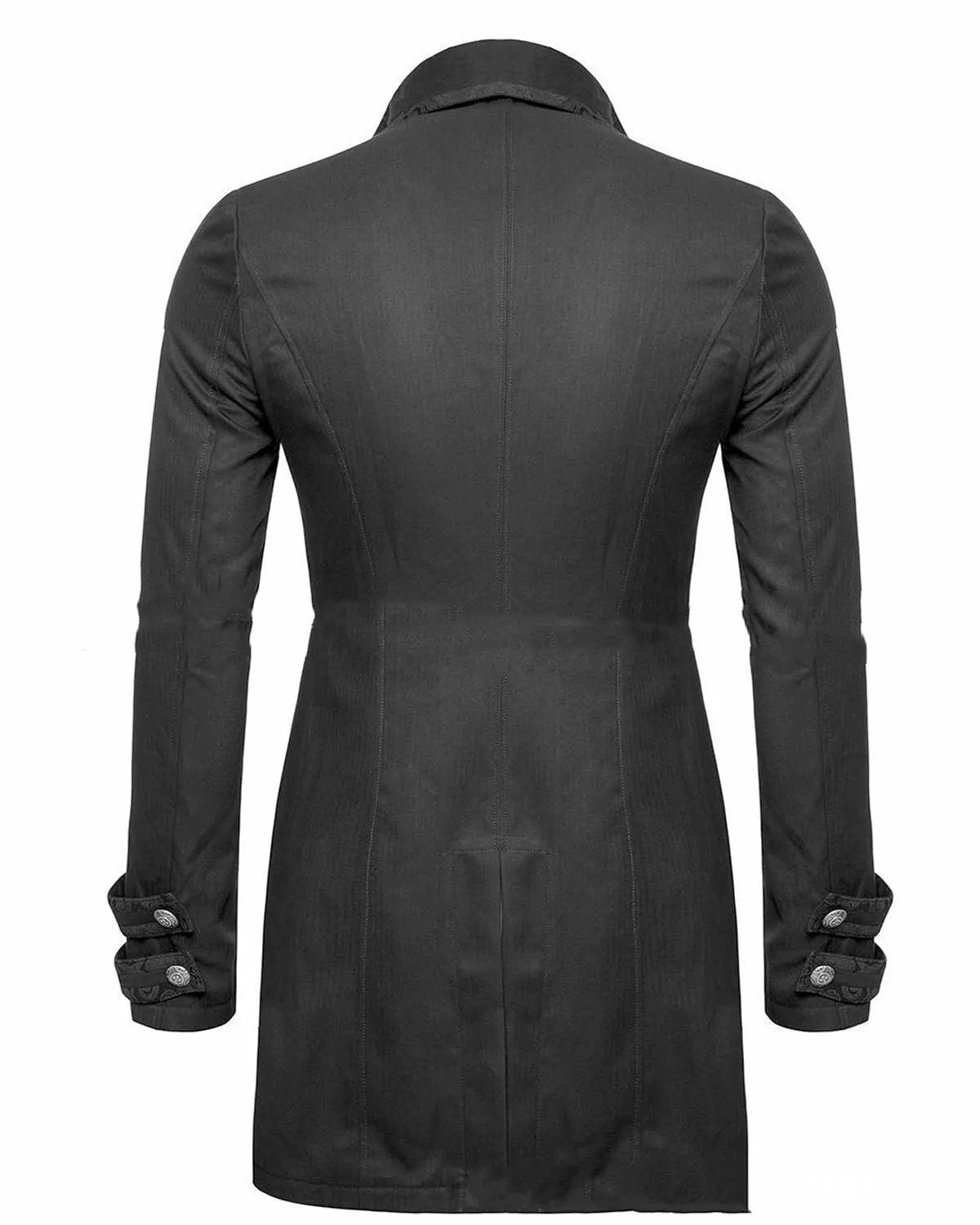 Black Victorian morning gown cosplay jacket with Gothic styling for historical costuming