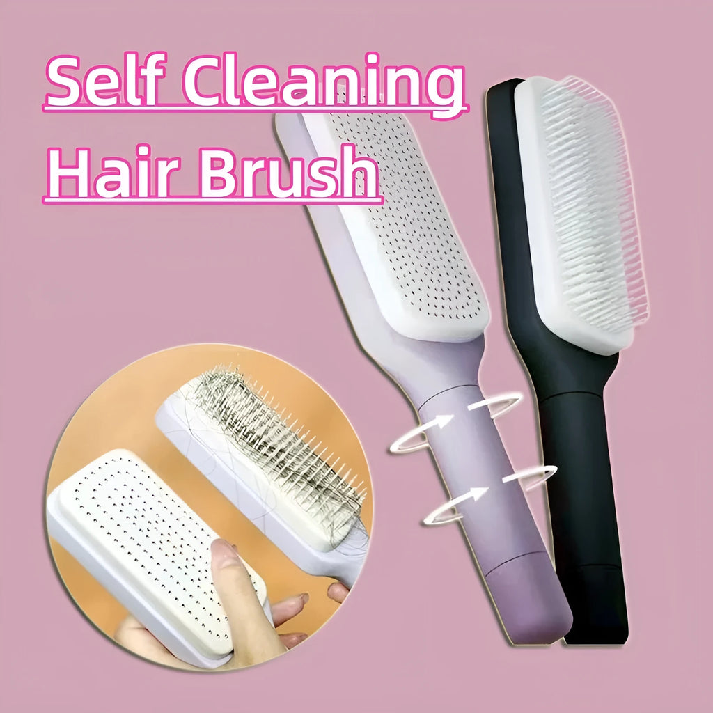 Self-cleaning anti-static massage hair brush with rotating handle in purple colour
