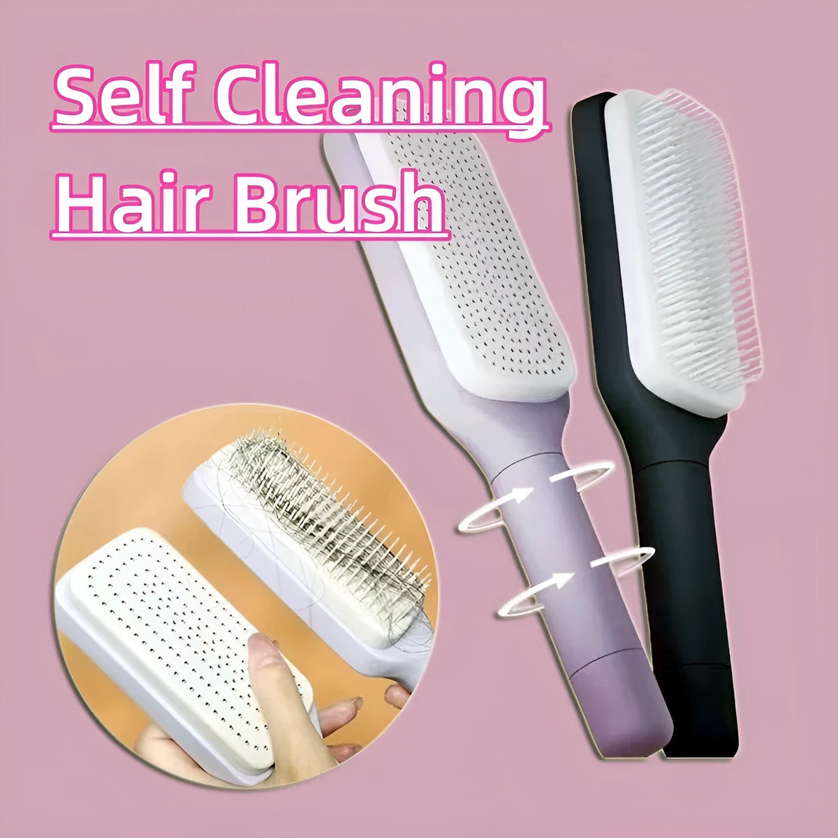 Self-cleaning anti-static massage hair brush with rotating handle in purple colour