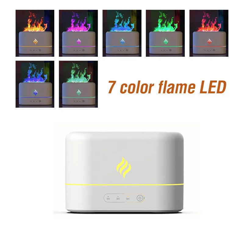 Black and white aromatherapy humidifier with a glowing seven-colour flame effect, showing USB port and water tank.