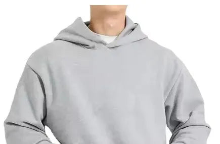 Men's grey fleece-lined cotton hoodie pullover with ribbed sleeves