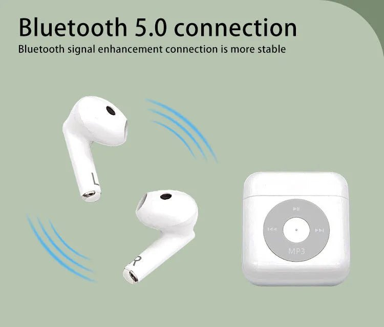 White wireless Bluetooth earphones with a semi in-ear design and a matching white charging case.
