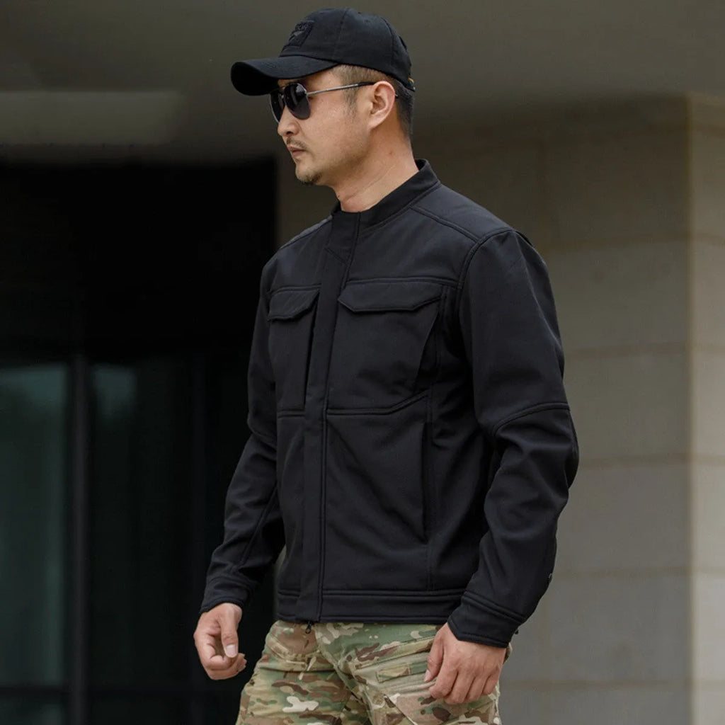 CP camouflage soft shell tactical jacket for mountaineering and camping on a mannequin