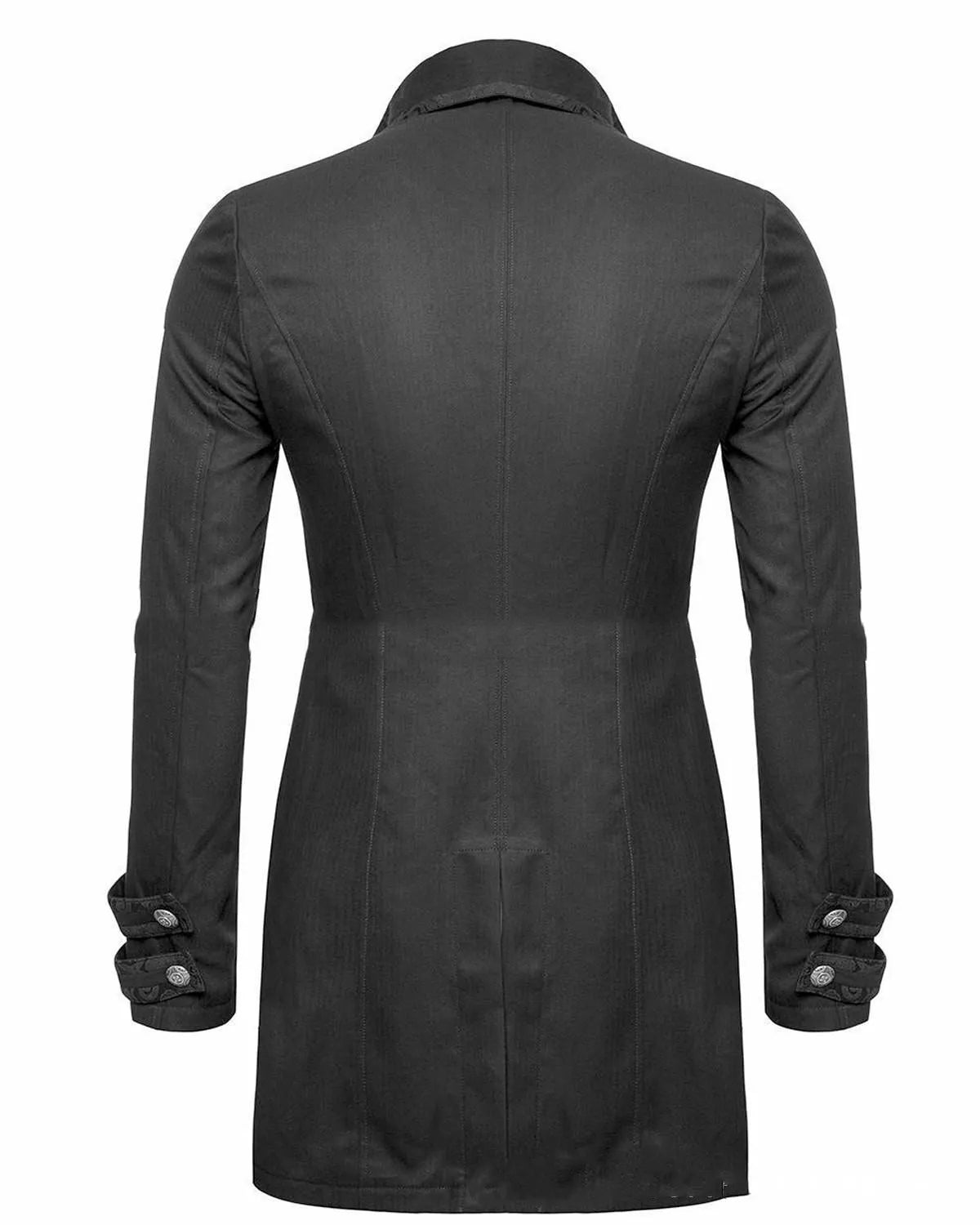 Black Victorian morning gown cosplay jacket with Gothic styling for historical costuming