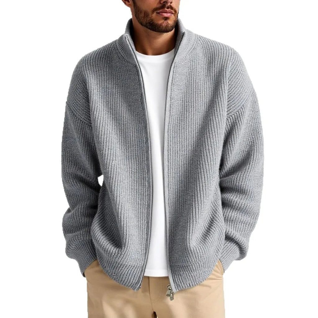 Men's loose grey cardigan sweater coat on a hanger
