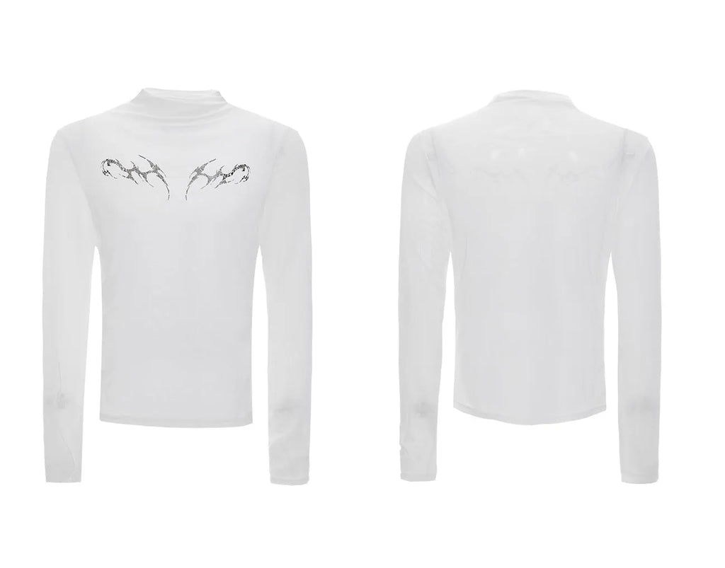 Men's black slim-fit long sleeve mesh shirt, a base layer made from polyester and spandex fabric.