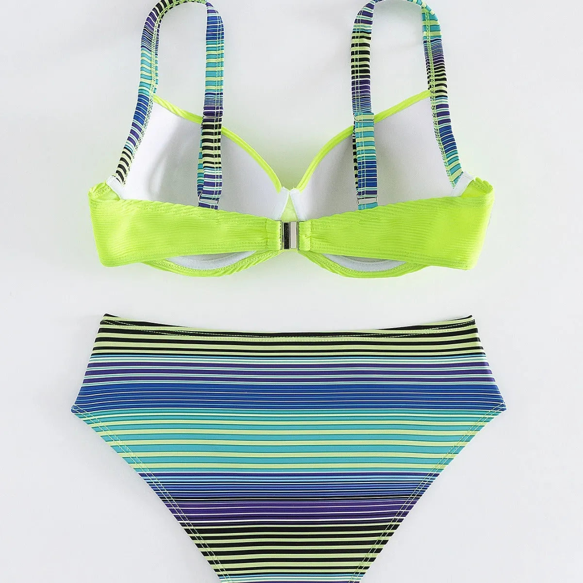 Green printed women's bikini set with halter triangle top and split briefs on white background
