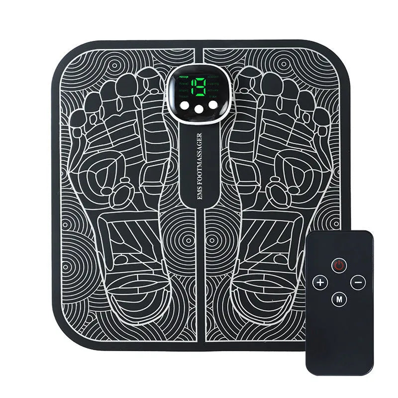 Blue rechargeable foot massager mat with remote control on wooden floor