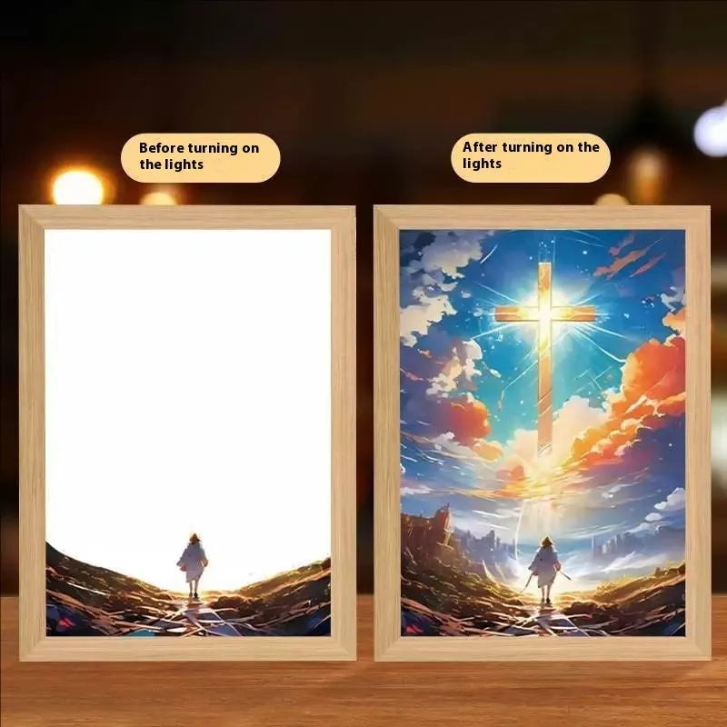 Handmade rectangular LED photo frame displaying a cross redemption garden sea home light painting artwork.