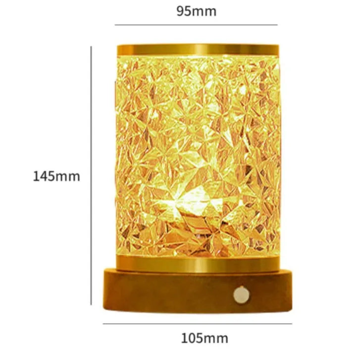 Small acrylic night light with water ripple effect on a solid wood base, showing touch control and USB port.