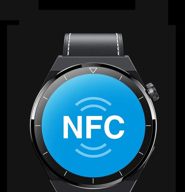 Round Bluetooth smart watch with black silicone strap showing phone call and NFC access control functions