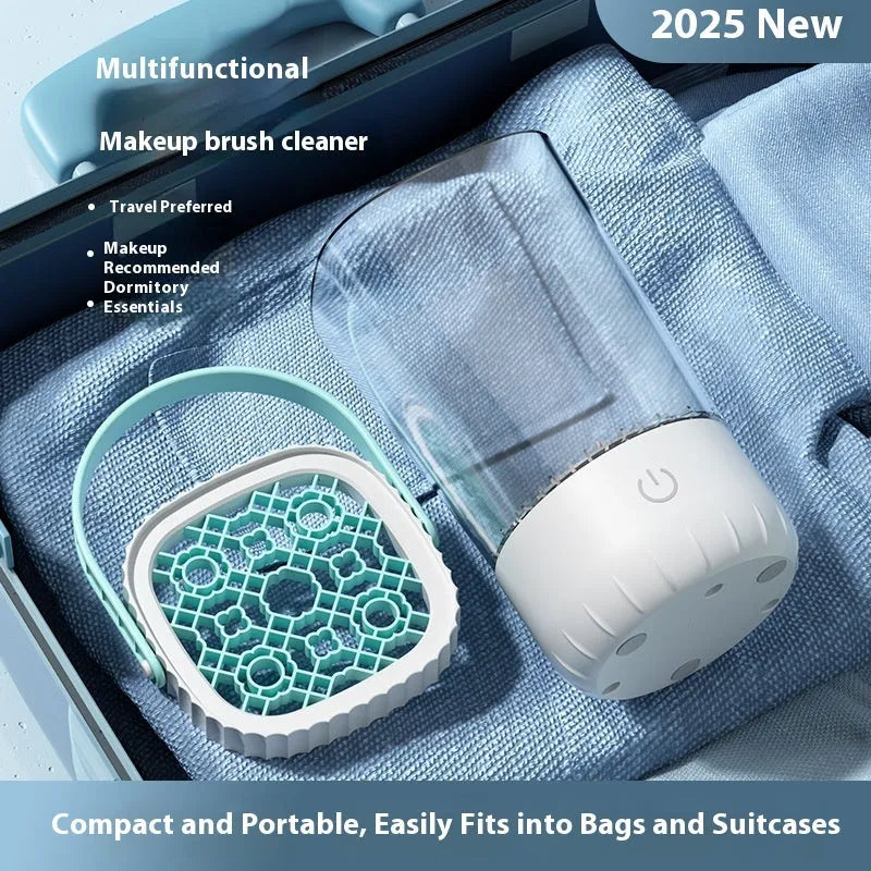 White plastic electric makeup brush cleaner with charging cable