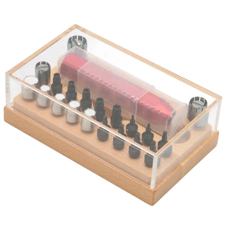 20-piece steel watch repair tool extracting tube open set on a workbench