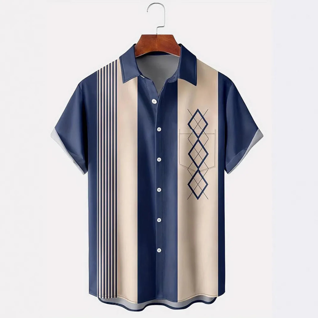 Men's plaid short-sleeved summer shirt in polyester with elastic band fabric