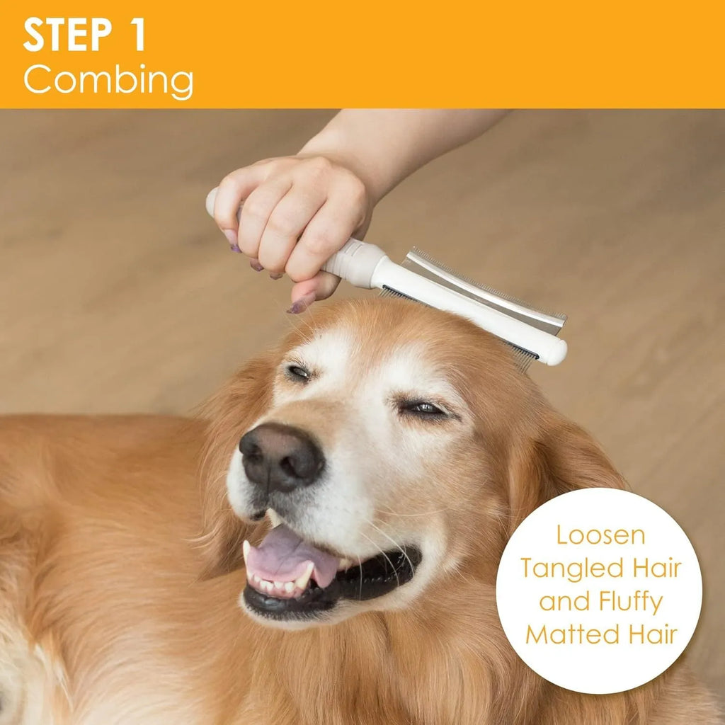 White double-sided dog and cat grooming brush with comb and deshedding blade, showing comfort-grip handle.
