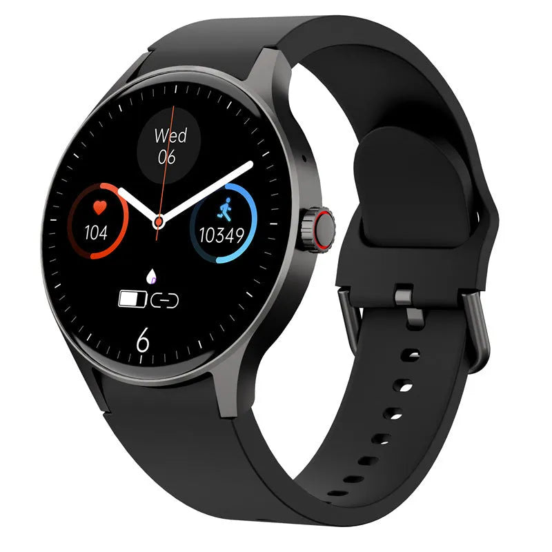 Black smart sport watch with 46mm round case and 1.43-inch touch screen on a wrist
