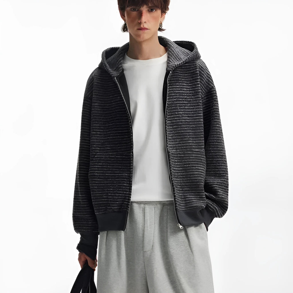 Hooded striped cardigan coat with zip front, long sleeves, loose unisex fit, apricot or black, sizes M to 2XL