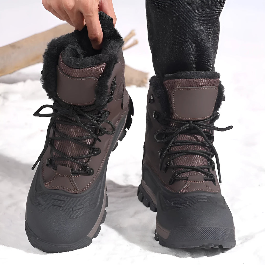Black fleece-lined men's high-top boots with tall crown and lace-up front