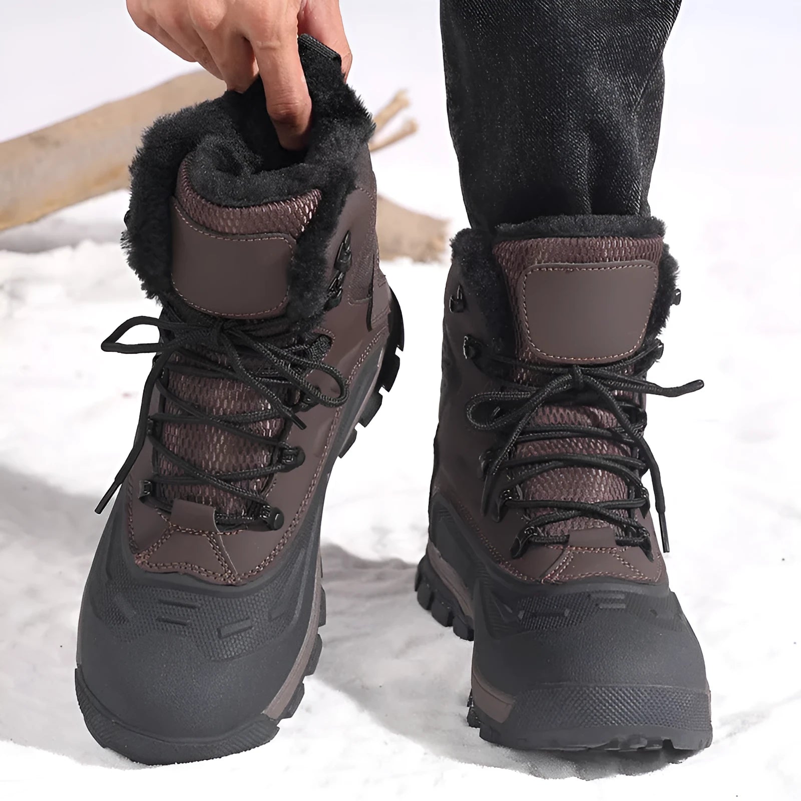 Black fleece-lined men's high-top boots with tall crown and lace-up front
