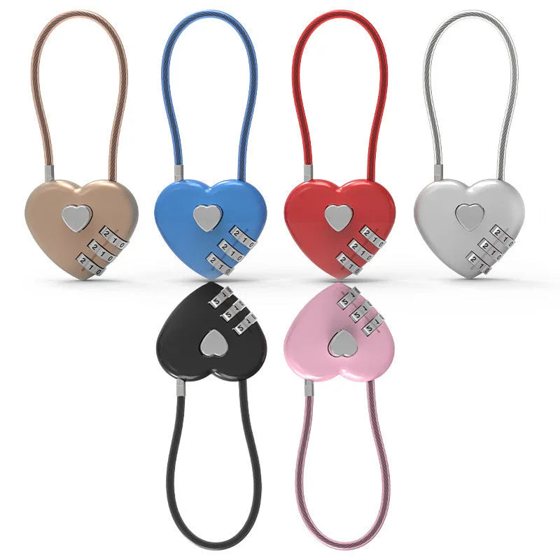 Peach heart design wire rope lock in ABS plastic, shown with steel cable, for securing bicycle helmets.