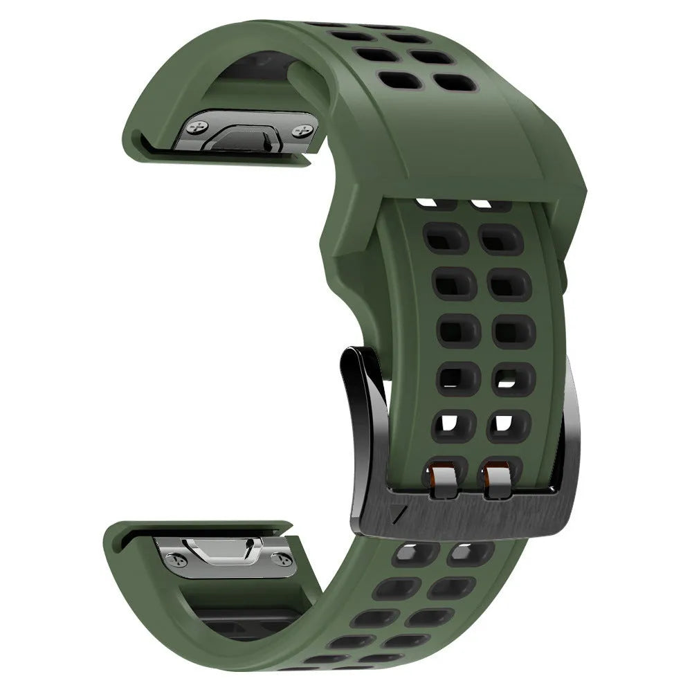 Quick release double-row hole silicone watch strap in Army Green Black colour, showing pin buckle and two width options: 22mm and 26mm.