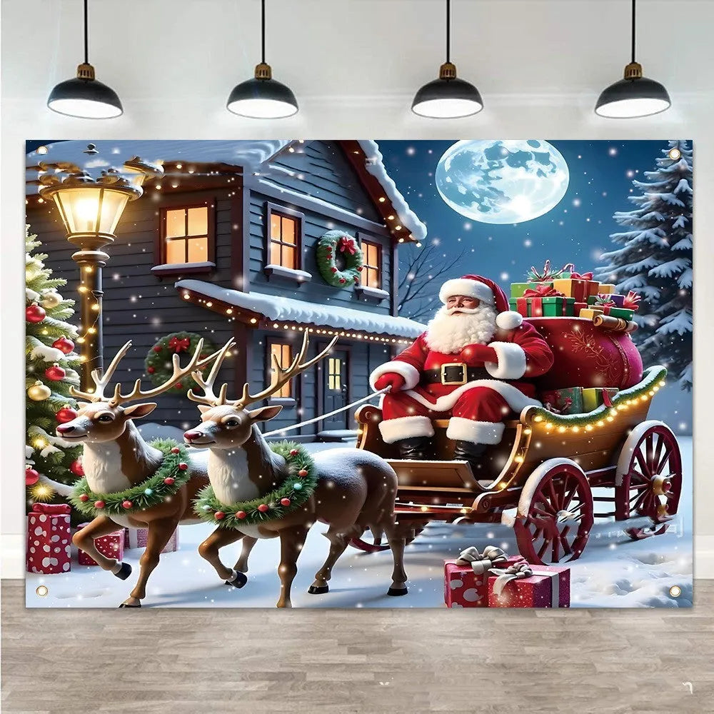 Christmas banner with Santa Claus and gifts scene measuring 210x150 cm