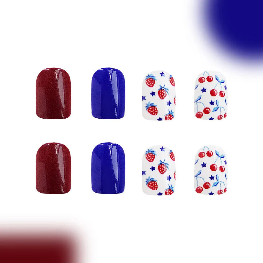 Short glossy red and blue strawberry cherry nail stickers for independence day manicure 24 pieces