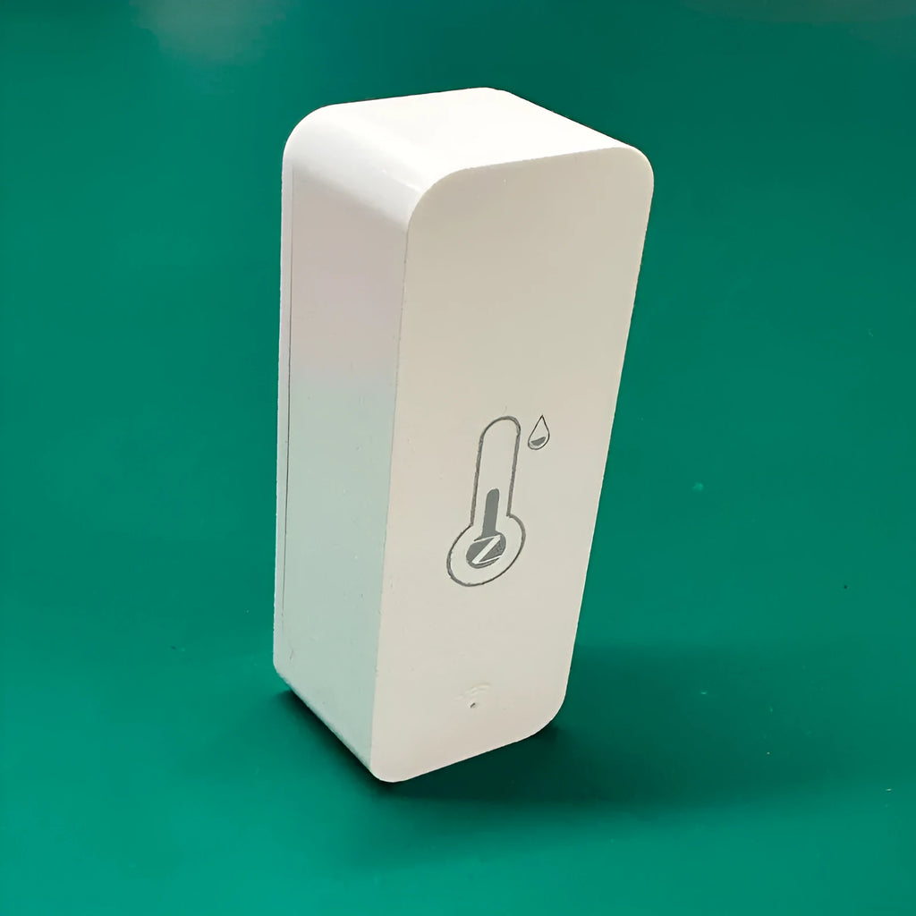 White WiFi temperature humidity sensor with compact rectangular design showing digital display