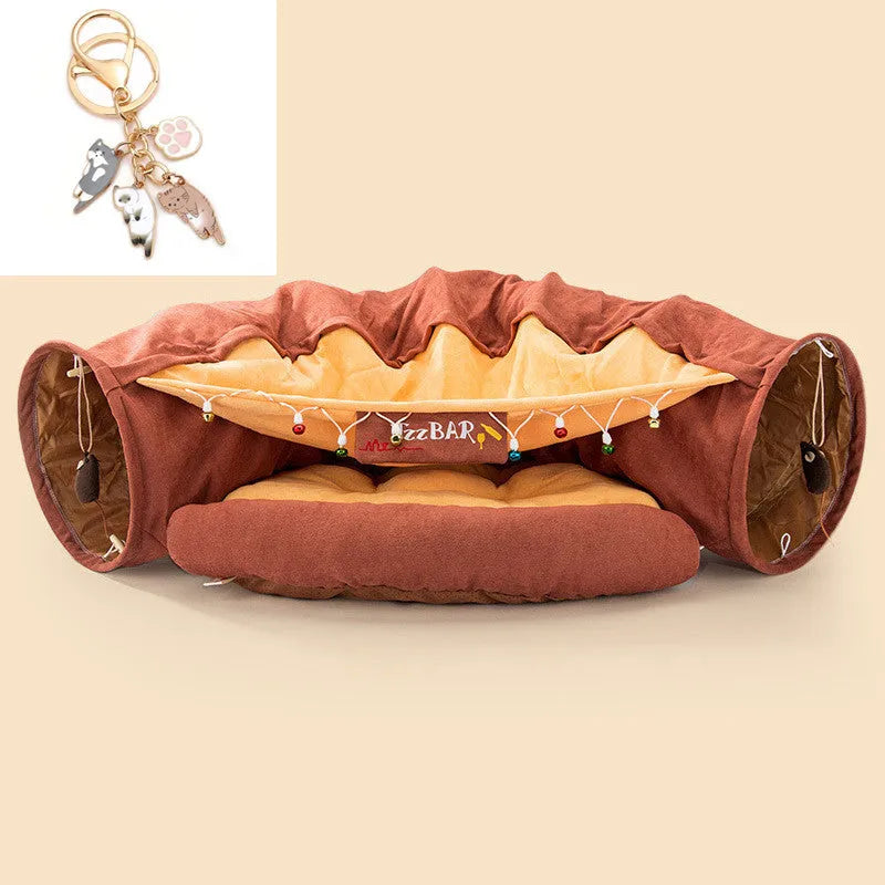 Collapsible cloth cat tunnel in Bar, Coffee, Matcha, or Pink colour, showing its 45cm diameter size.
