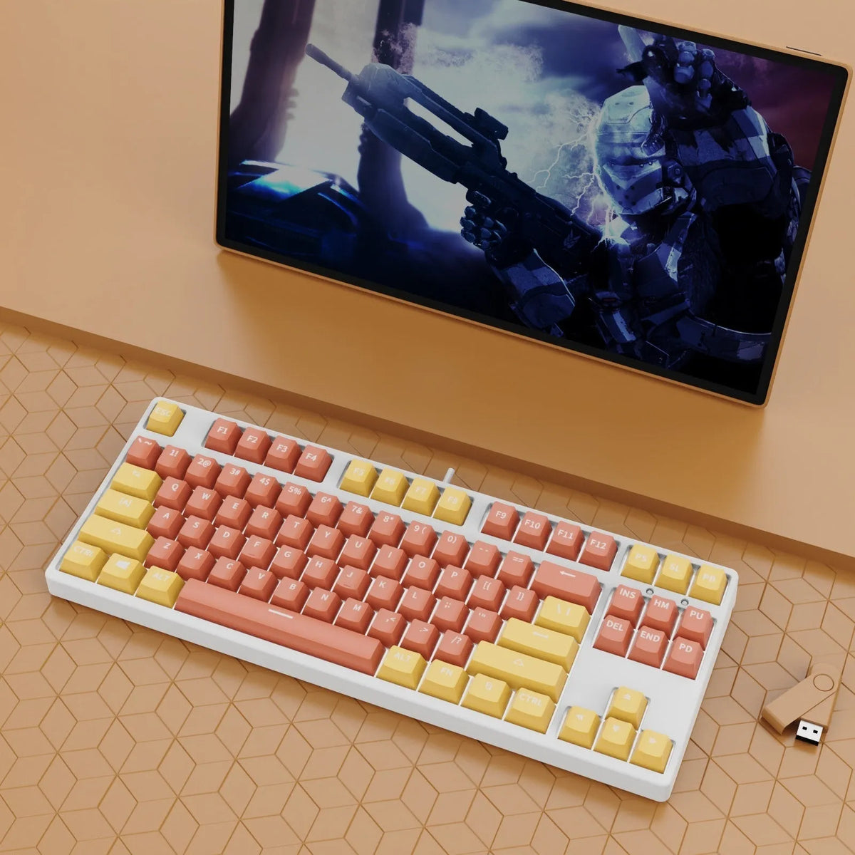 87-key wired mechanical keyboard with hot-swappable switches showing two-tone colour options