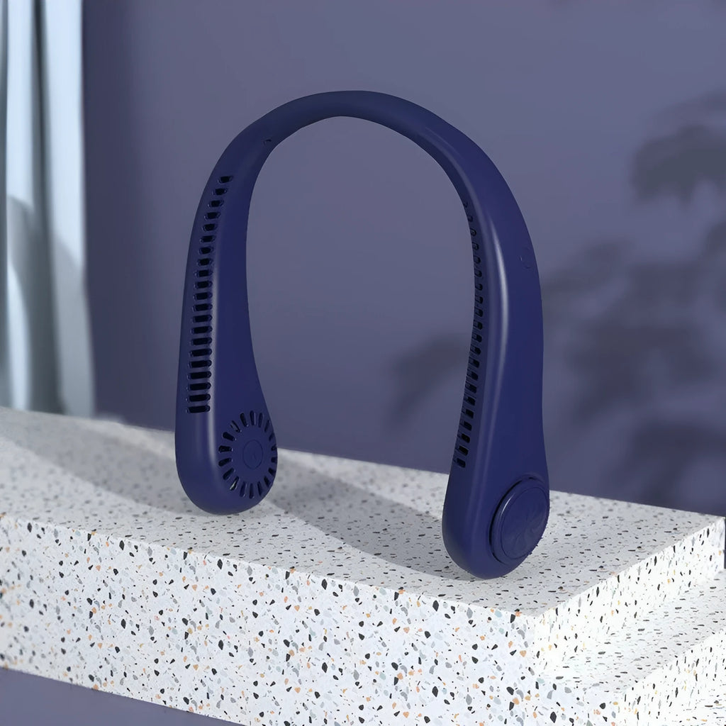 Blue USB rechargeable portable bladeless neck fan with adjustable speed settings