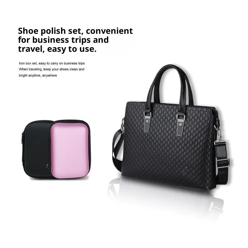 Leather shoe care set with black or colourless maintenance oil, shoe brush, and black bag