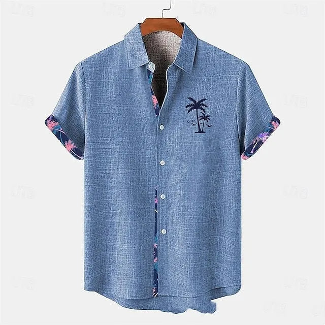 Linen loose-fit short sleeve casual shirt with an ocean fish pattern on the lapel.