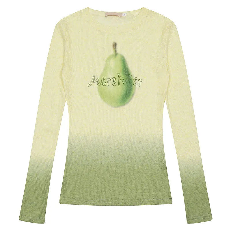Women's gradient flower long-sleeved T-shirt in yellow green or light pink colour