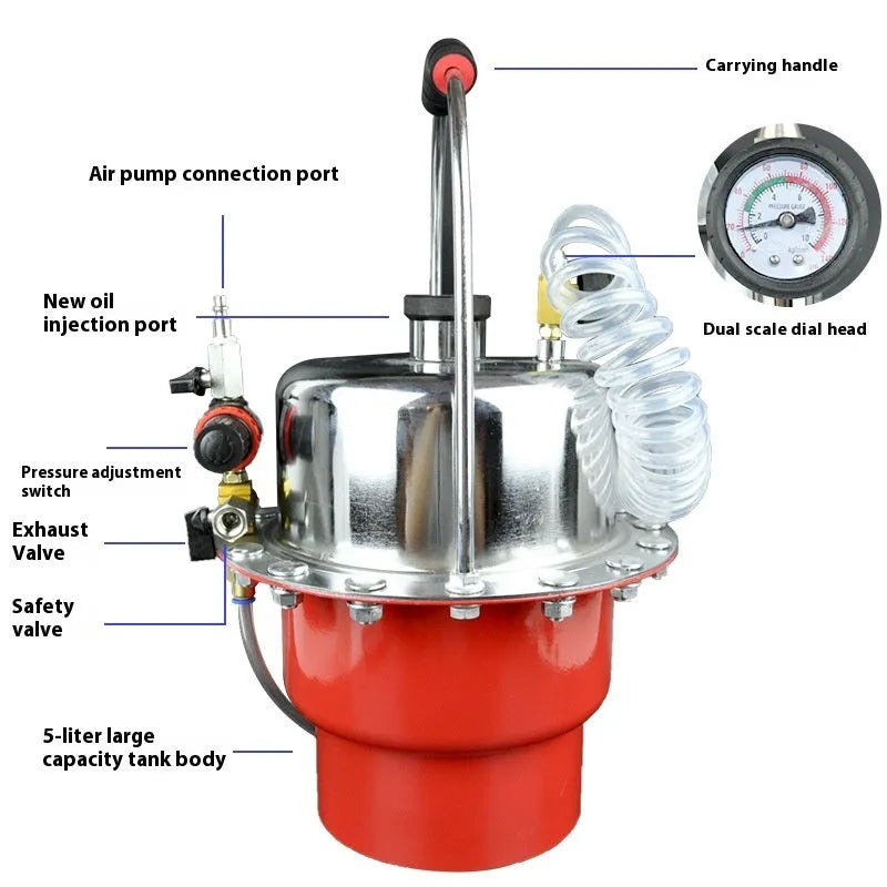 Pneumatic brake fluid replacement machine with pressure gauge, regulator, and 5-litre tank