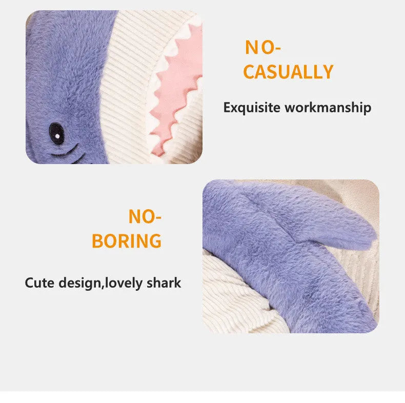 Blue shark pattern pet bed cushion for small medium dogs and cats on a floor