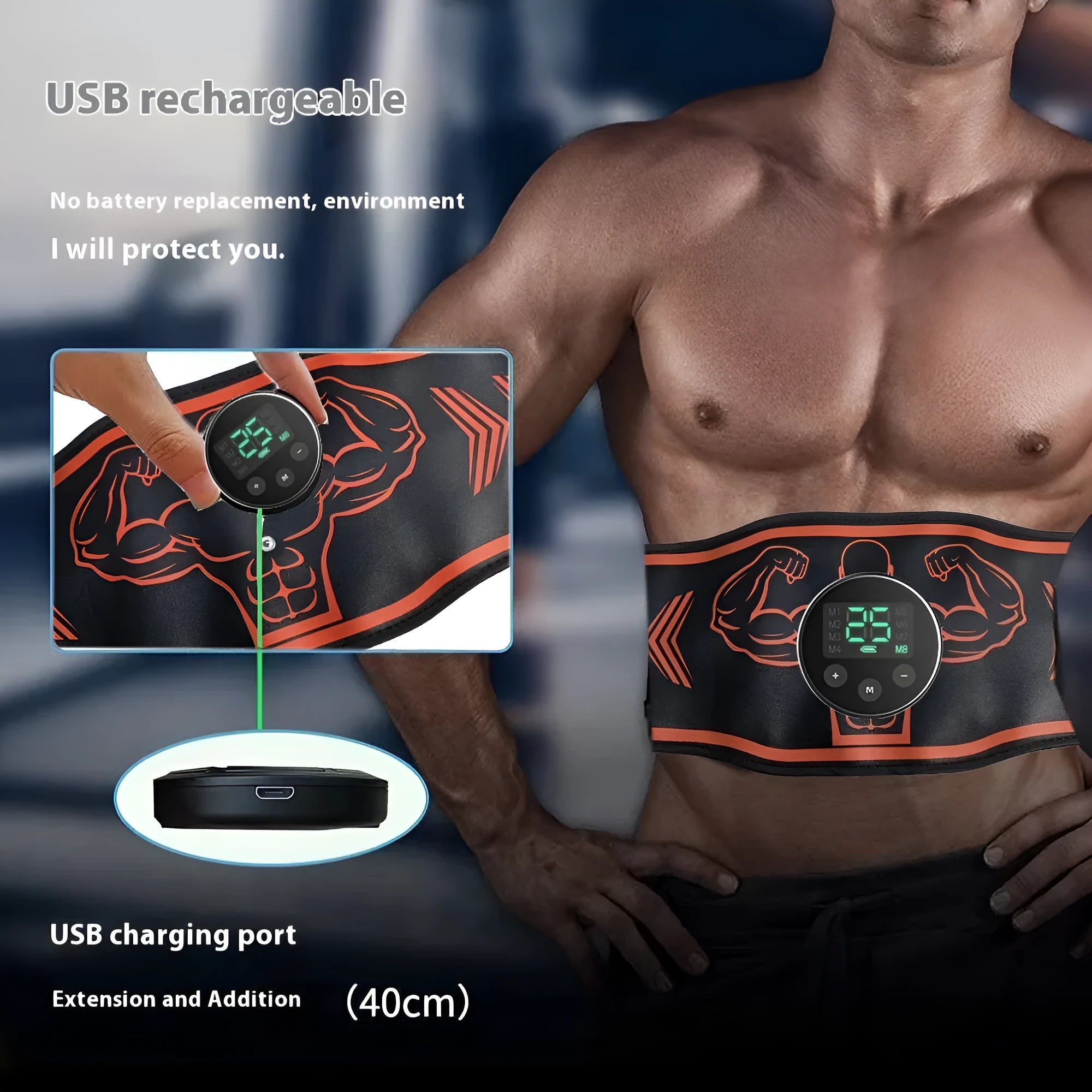 Rechargeable EMS smart massage fitness belt shown in blue and orange colour options.