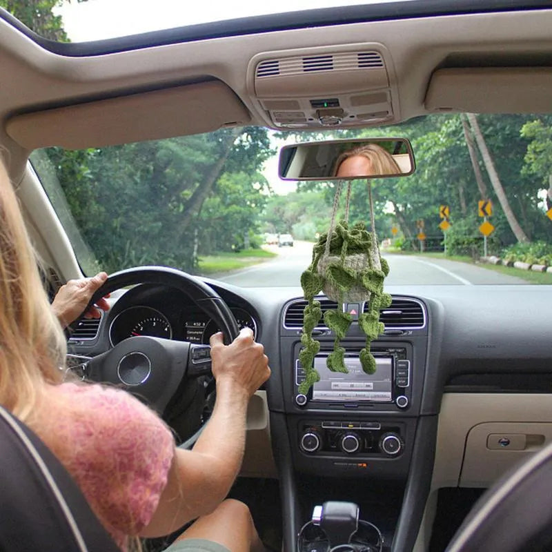 Green and white knitted car plant decoration with hanging cord for vehicle interior